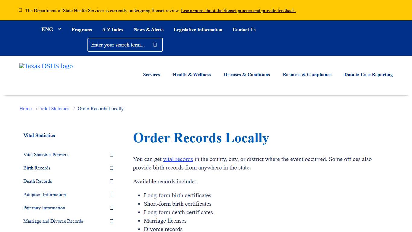 Order Records Locally | Texas DSHS