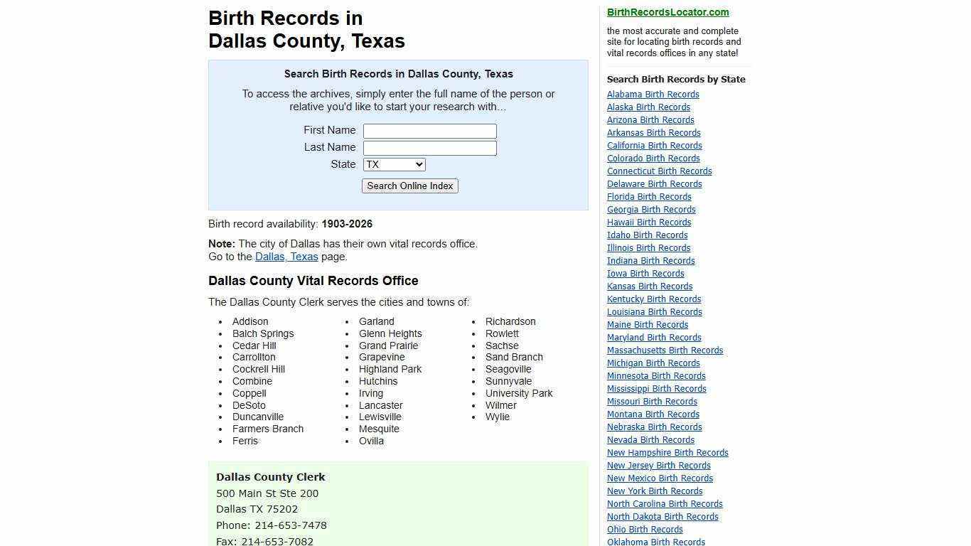 Birth Records in Dallas County, Texas